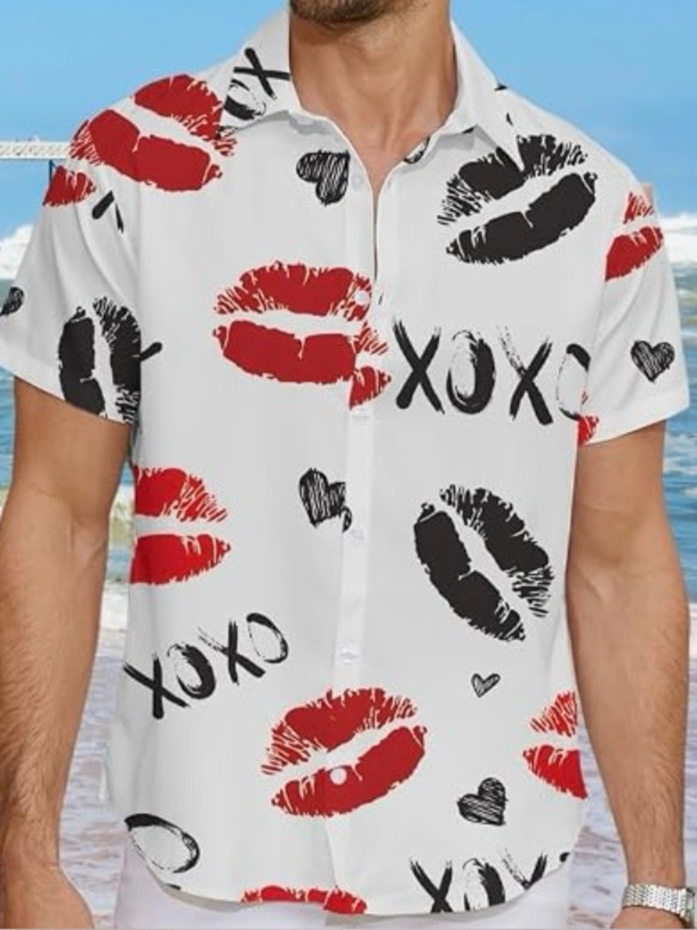 Men's White Short-Sleeve Button-Up Shirt with Red Black Lip Print Size XXL NWOT